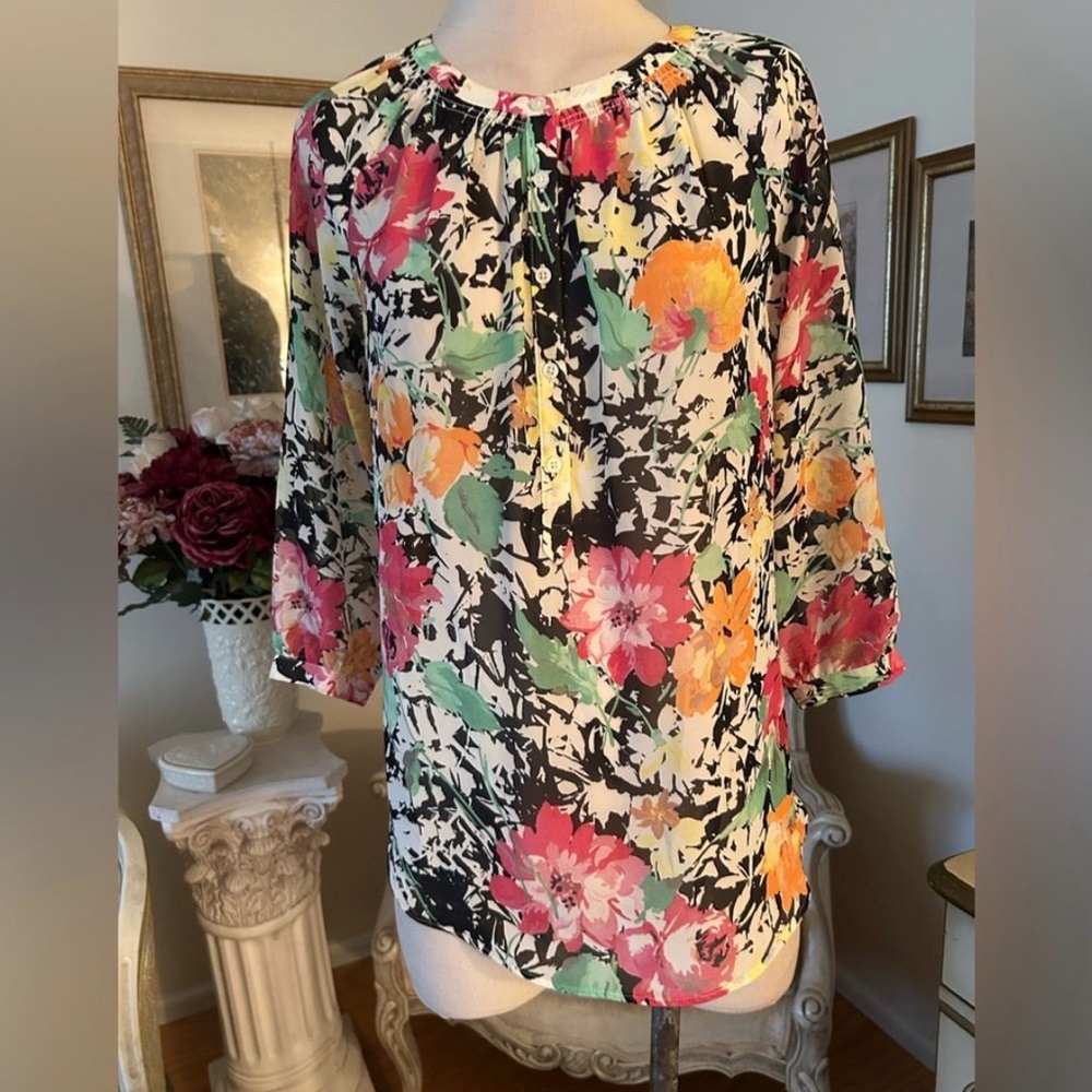 Lauren Ralph Lauren Black Floral Print Peasant Blouse with Pink, Orange & Green